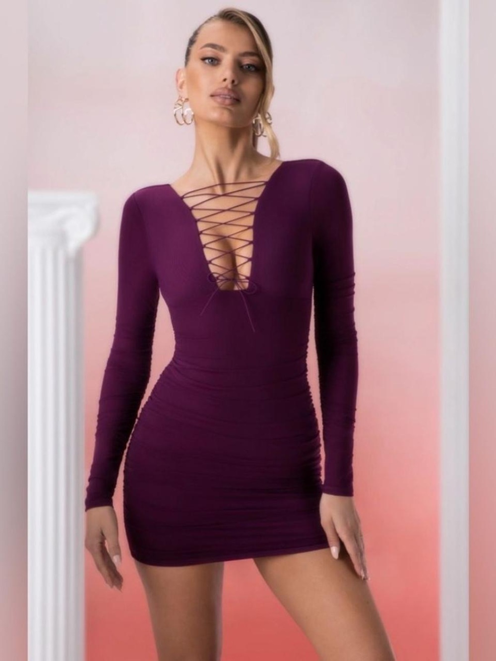 Oh Polly Plum Plunge Lace-Up Long Sleeve Mini Dress